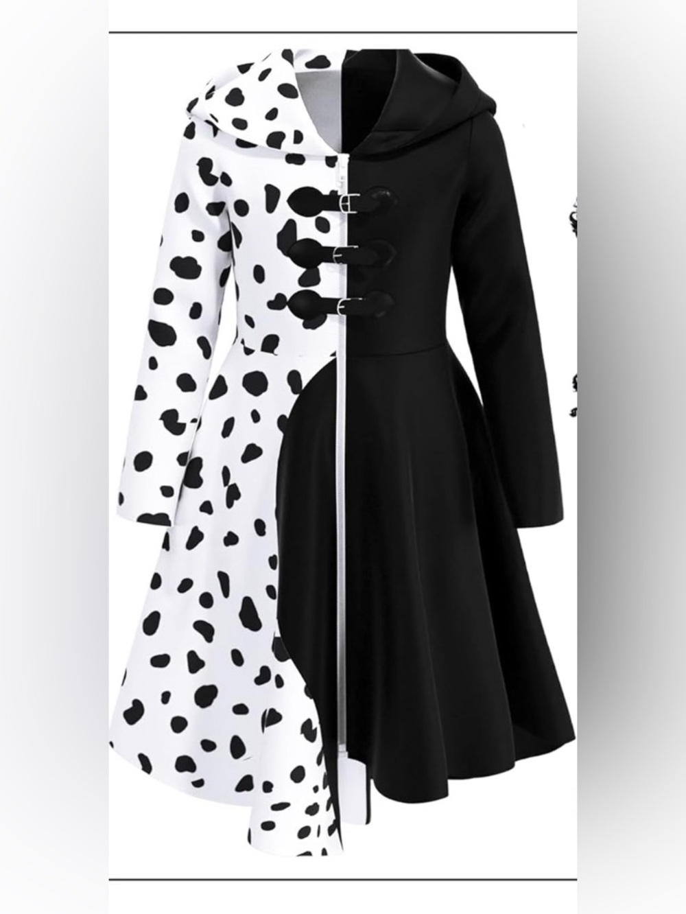 Dalmatian “Cruella” Split-Panel Hooded Fit & Flare Dress - Black/White